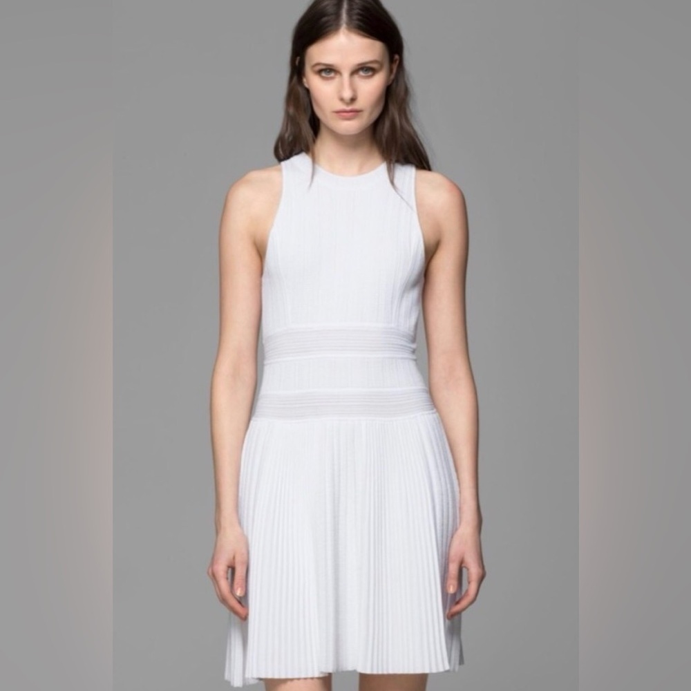Theory Chloh Ribbed-knit Pleated White Sleeveless Mini Dress Sz S